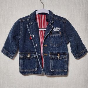 U.S. Polo Assn Boys Jean Jacket Denim Blue Embroidered Patches Button 6-9 Months